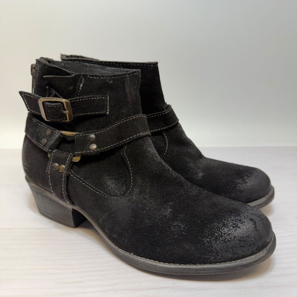 ROAN by Bed Stu 8.5 Black Suede Western Bohemian Almond Toe Buckle Ankle Booties